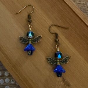 New Adorable Blue & Bronze Czech Glass Fairy Earrings